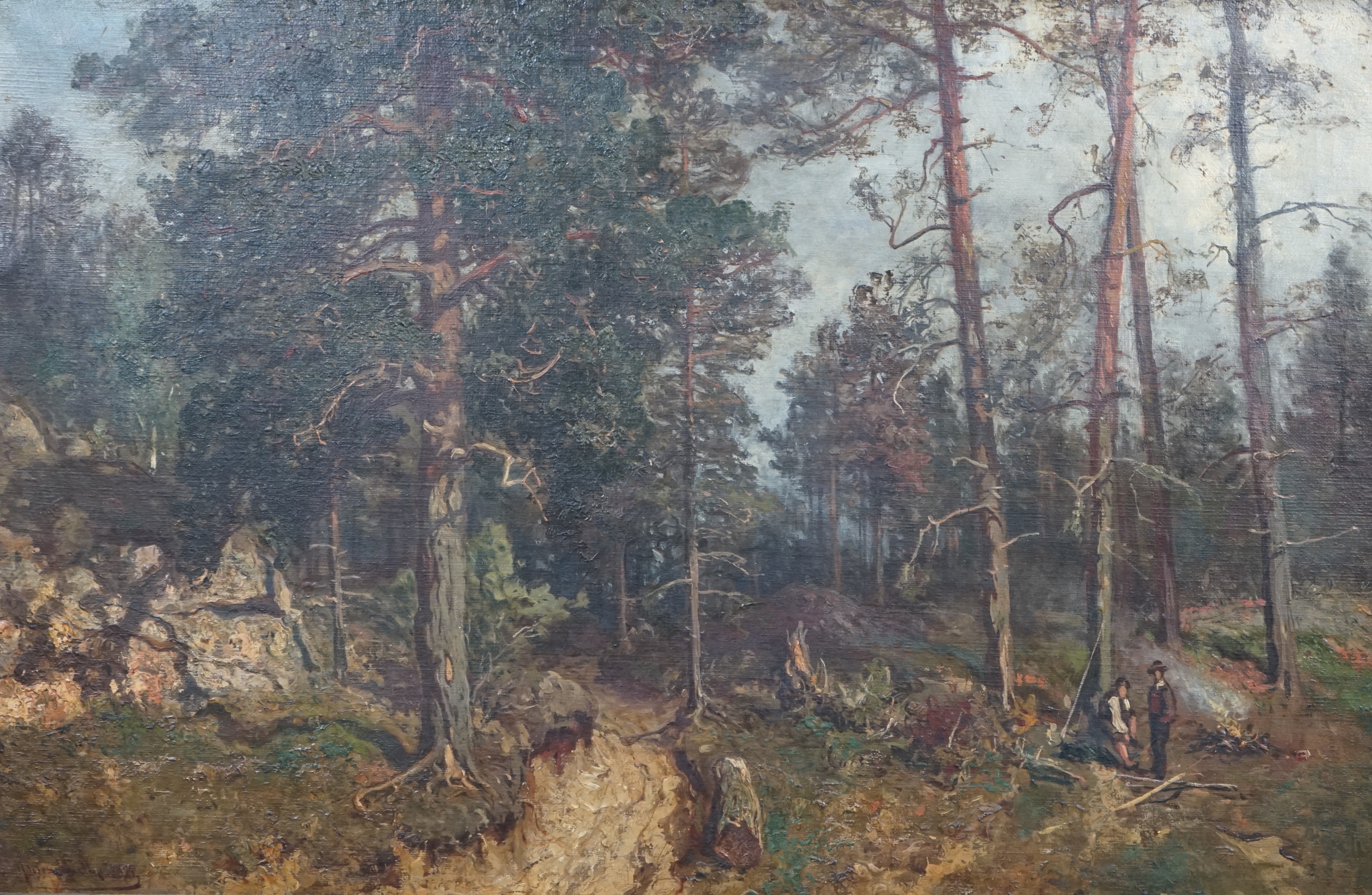 Morten Müller (Norwegian, 1828-1911), Woodmen in a forest clearing, oil on canvas, 40 x 62cm